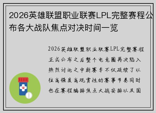 2026英雄联盟职业联赛LPL完整赛程公布各大战队焦点对决时间一览